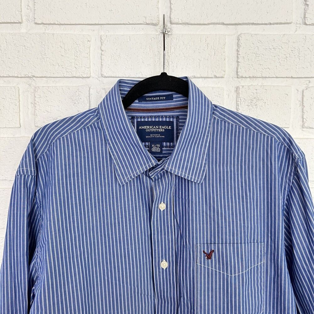 American Eagle Vintage Fit Button Up Shirt Mens XL Blue White Striped Red Eagle